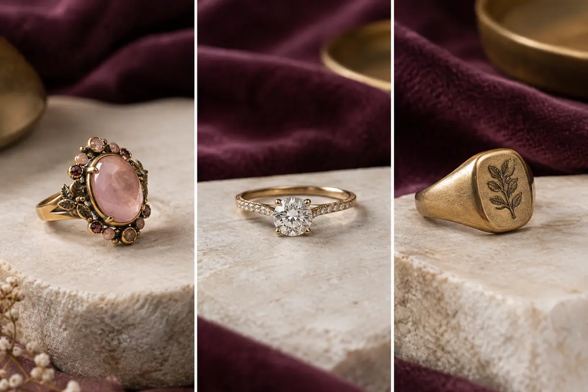 Bagues fantaisie, bague de fiançailles et chevalière présentées sur une pierre ivoire