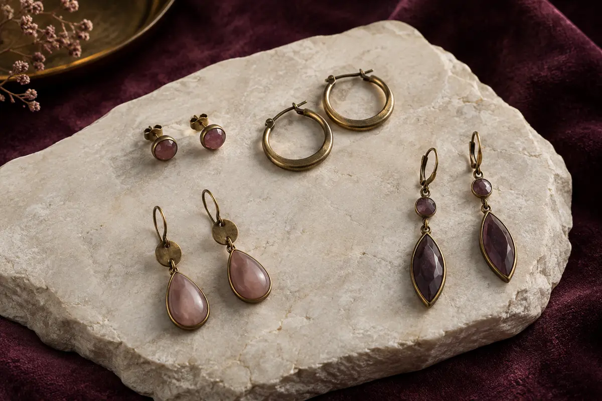 Puces d’oreilles, créoles et boucles pendantes présentées sur une pierre claire