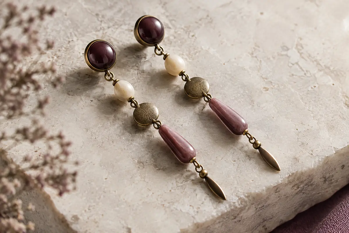 Boucles d’oreilles pendantes de différentes longueurs sur une pierre claire