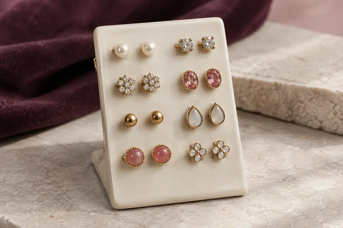 Paires de puces d’oreilles classiques et ornées sur un support en céramique ivoire