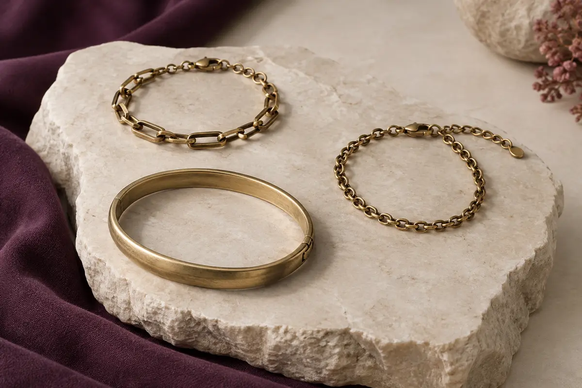 Bracelets chaîne, jonc rigide et chaîne de cheville sur une surface claire