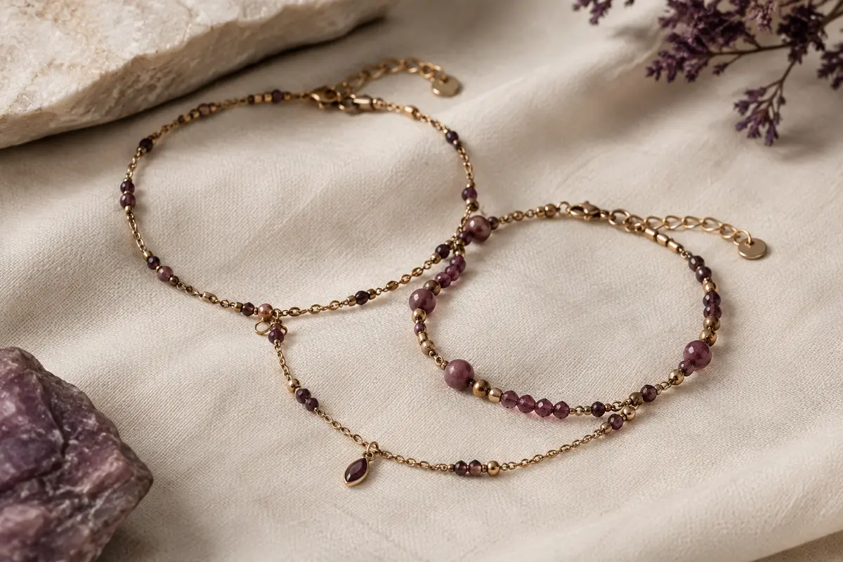 Chaînes et bracelets de cheville disposés en boucles sur un tissu ivoire