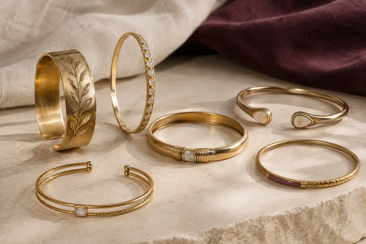 Bracelets joncs rigides ouverts et fermés présentés sur une surface ivoire