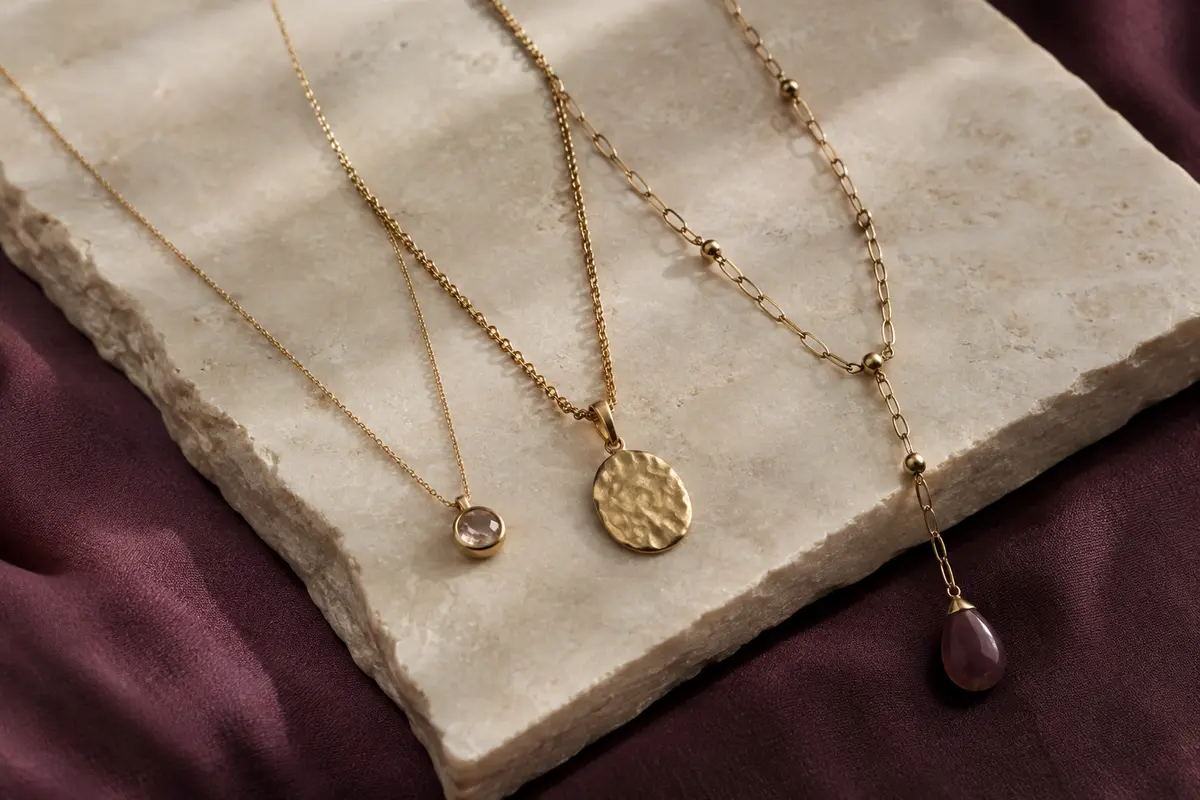 Chaînes fines, collier à pendentif et sautoir présentés sur une pierre claire