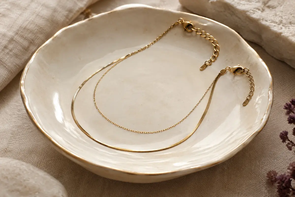 Chaîne de cou fine et collier simple posés sur une coupelle ivoire