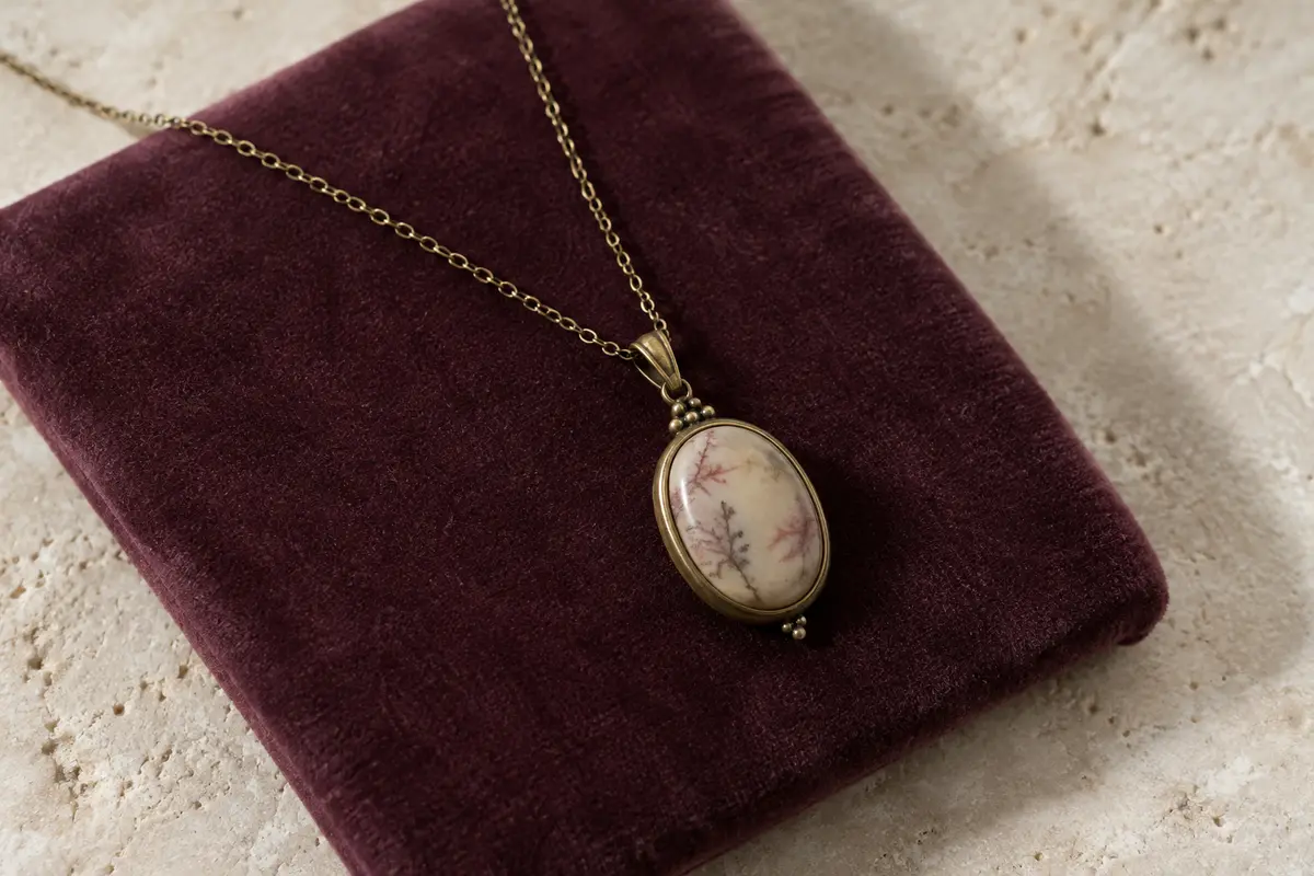 Collier délicat avec pendentif posé sur du velours prune et de la pierre claire