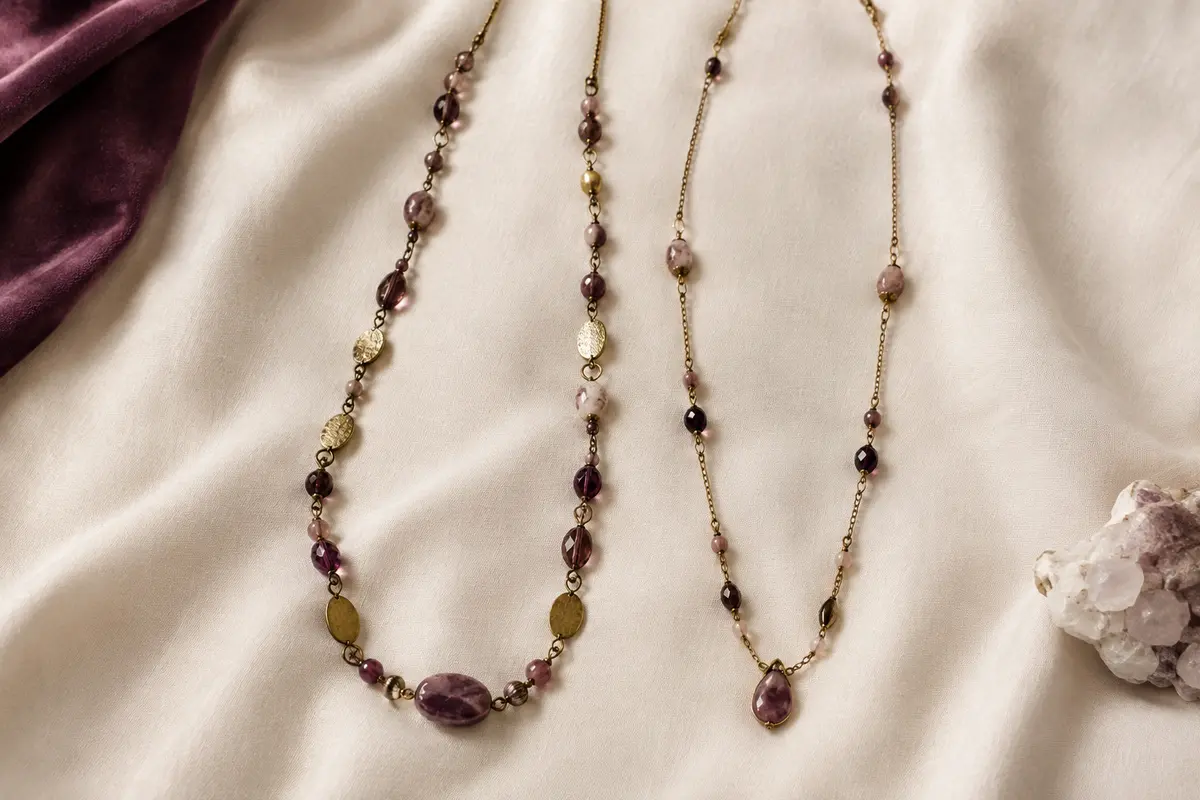 Sautoir long et collier allongé disposés en courbes sur un tissu ivoire