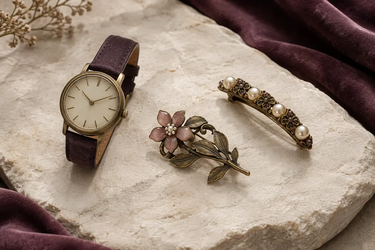 Montre, broche et accessoire pour cheveux disposés sur une surface claire