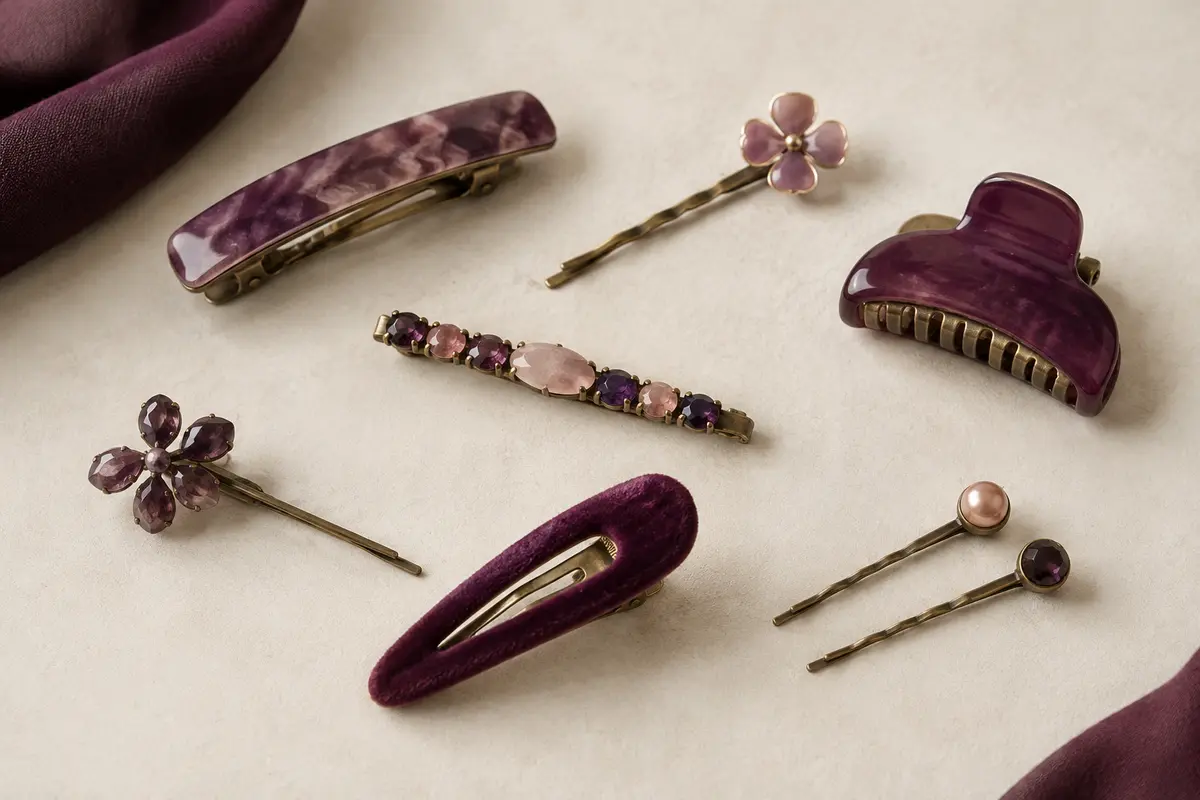 Barrettes, pinces et épingles décoratives présentées sur une surface ivoire