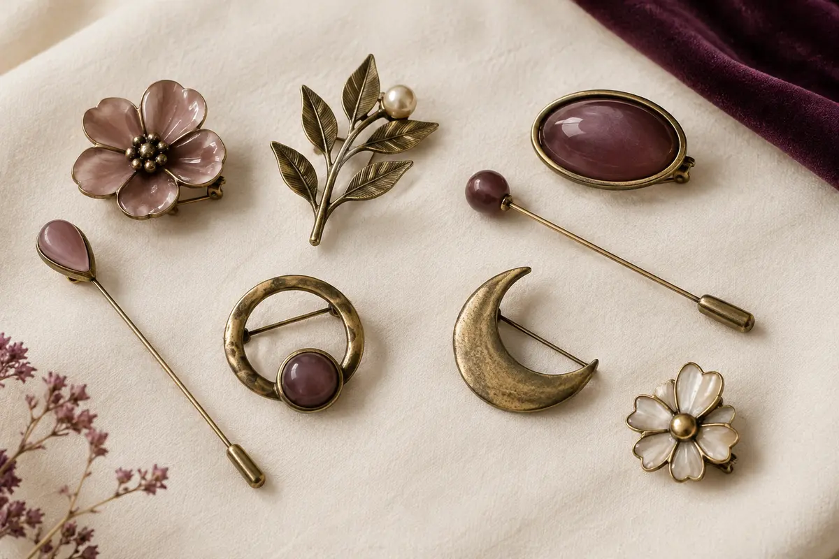 Broches décoratives et épingles présentées sur un tissu ivoire