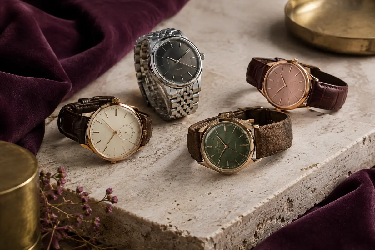 Montres automatiques et mécaniques présentées cadran visible sur une pierre claire
