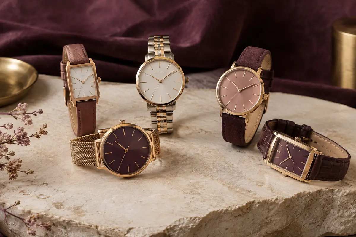 Montres à quartz aux cadrans variés présentées sur une pierre ivoire