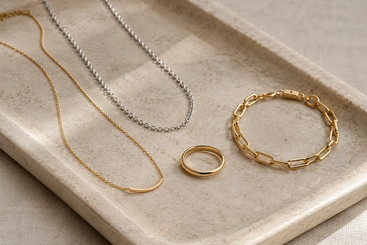 Chaînes et bracelet d’apparence dorée et argentée disposés harmonieusement sur un fond clair