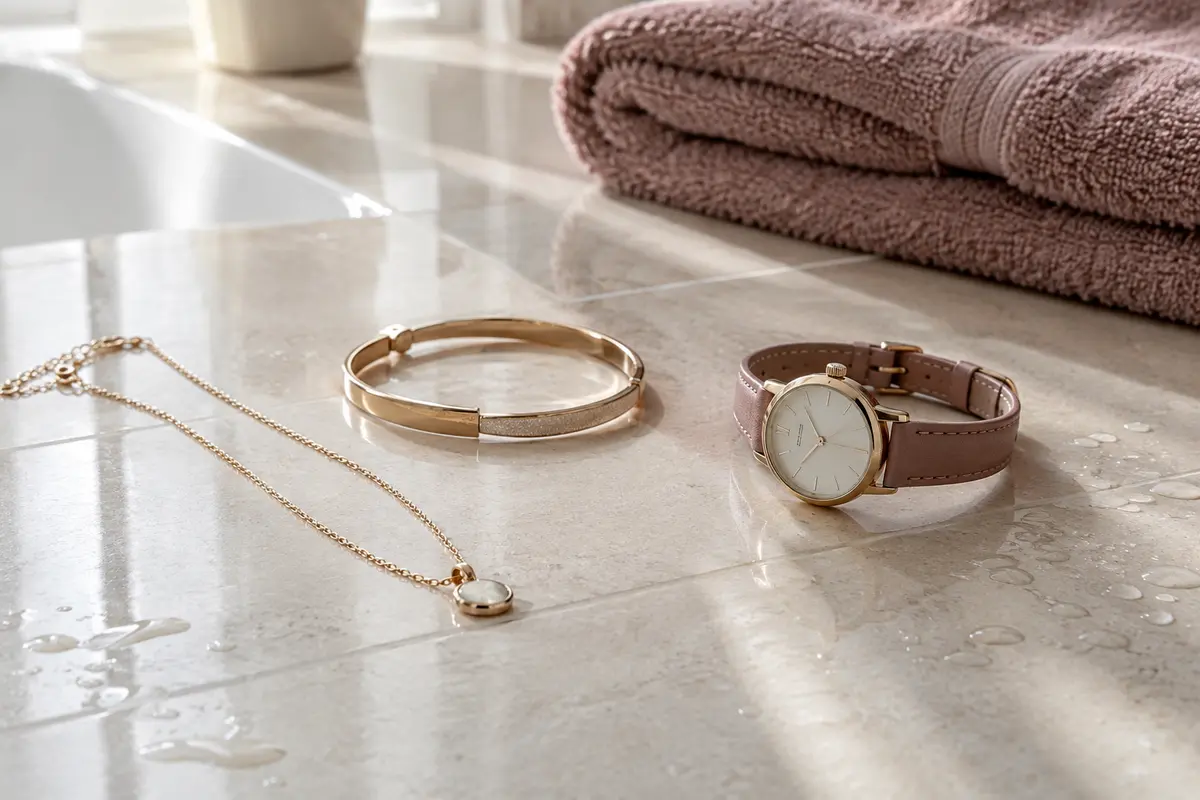 Bijoux posés au sec près d’une salle de bain, à l’écart de l’eau et des produits de douche.