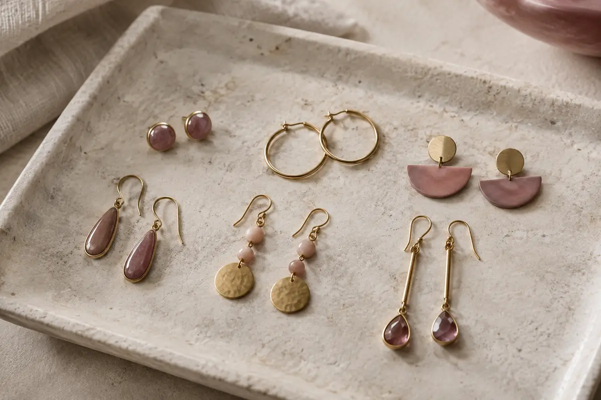 Puces, créoles et boucles pendantes de formes et de longueurs variées sur un plateau clair.