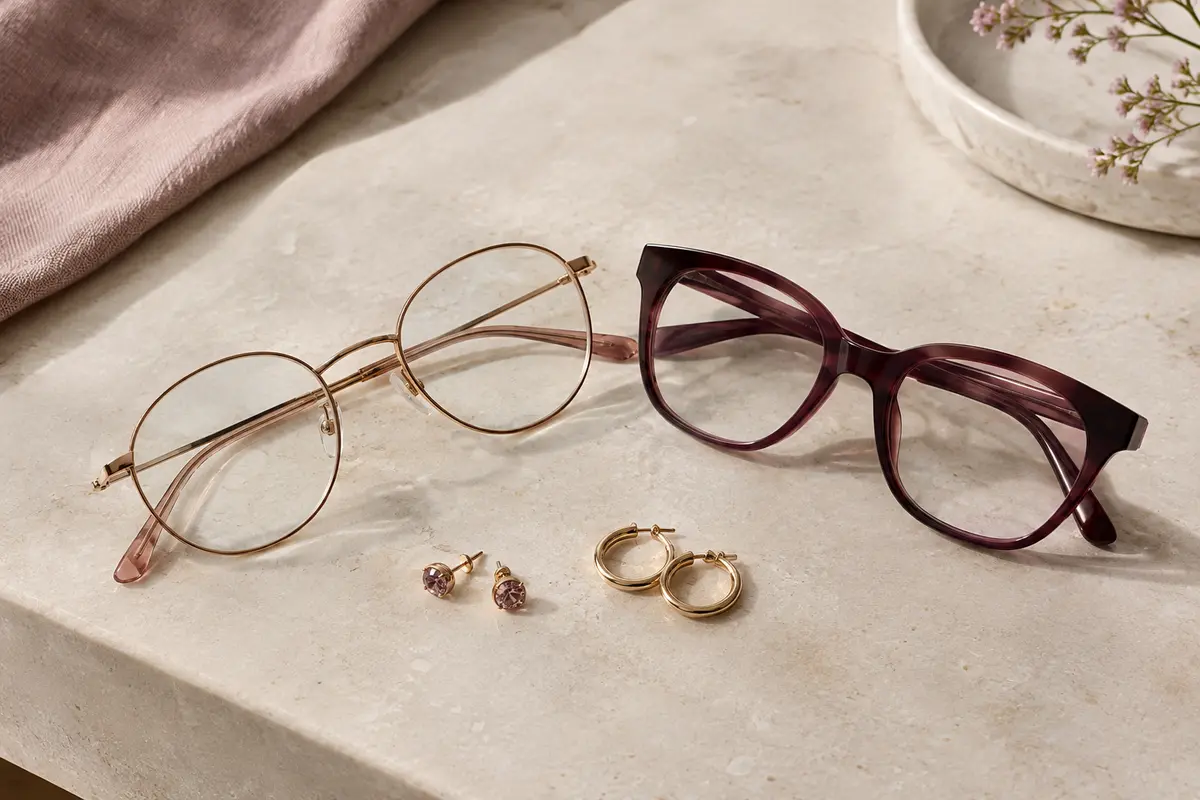Lunettes à montures différentes accompagnées de puces et de créoles discrètes sur une surface claire.