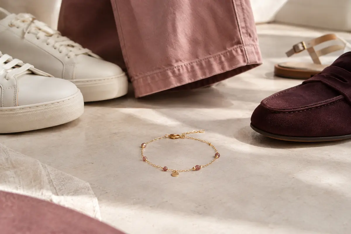 Bracelet de cheville fin présenté avec des chaussures et un pantalon à ourlet raccourci