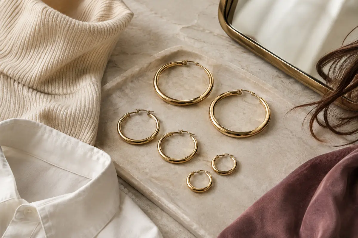 Créoles de diamètres variés présentées près de vêtements à cols différents pour comparer leur taille.