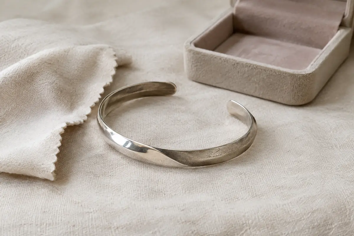 Bijou en argent légèrement terni posé près d’un chiffon doux et d’une boîte de rangement