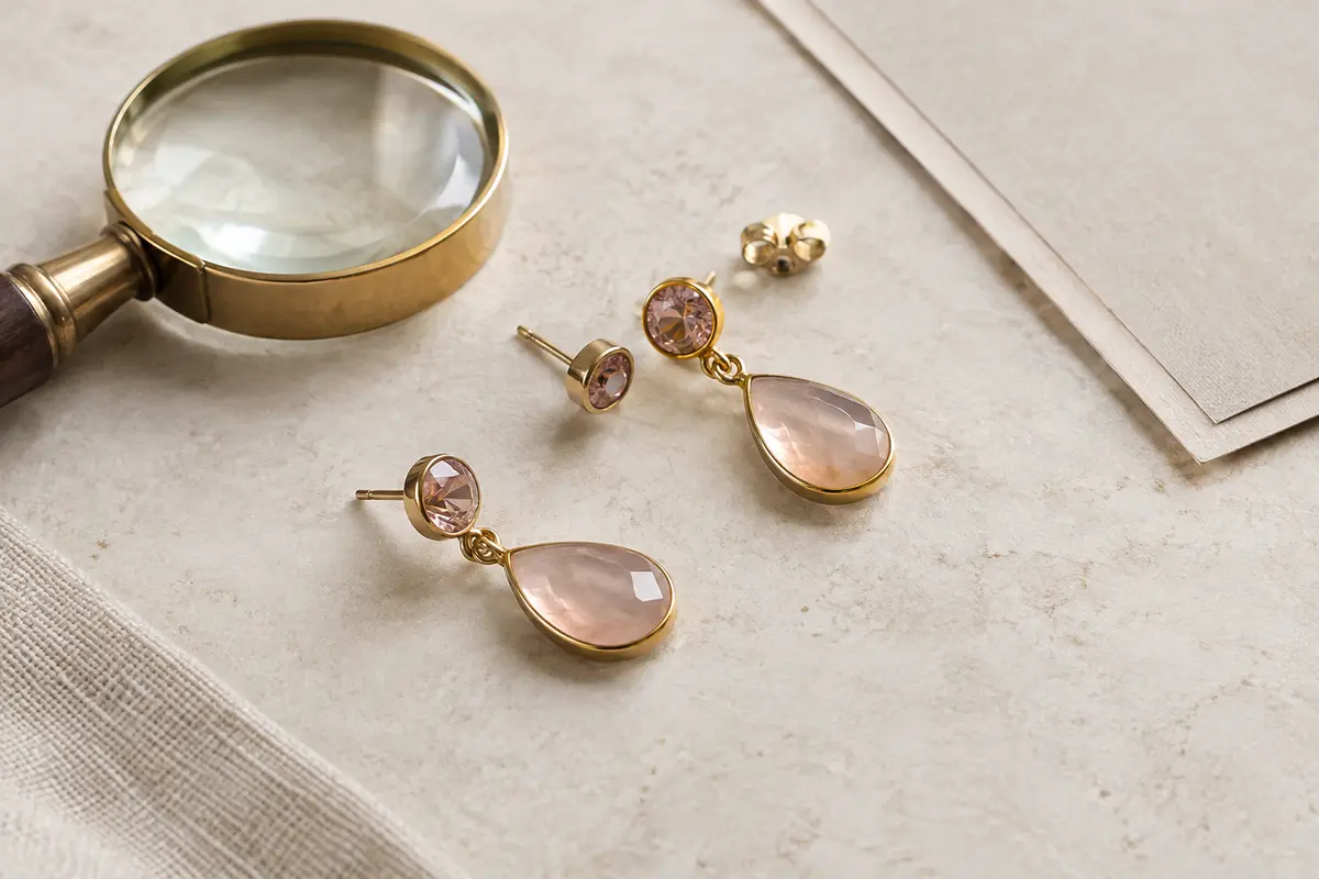 Boucles d’oreilles et loupe illustrant la vérification des matériaux, des tiges et des finitions.