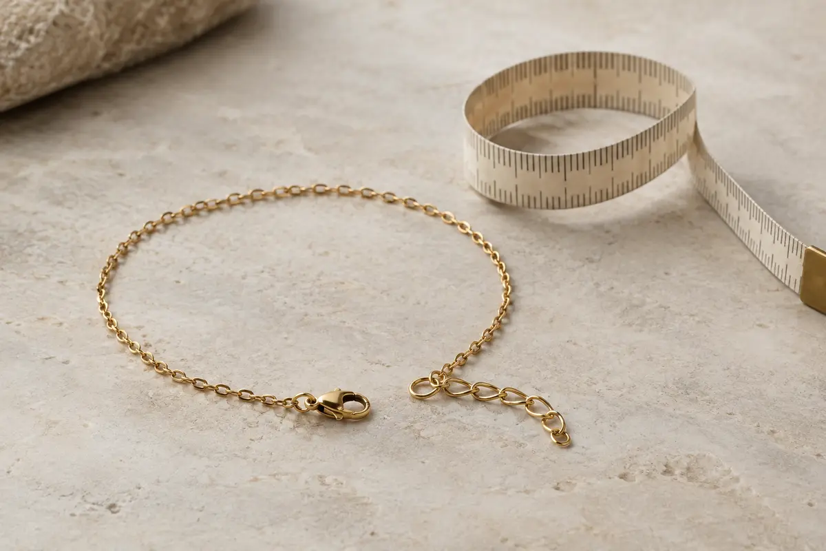 Bracelet chaîne et ruban de mesure souple posés côte à côte, avec le fermoir ouvert bien visible.