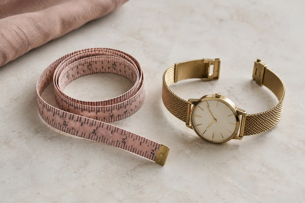 Ruban souple autour d’un poignet et bracelet de montre ouvert, pour distinguer les deux mesures.