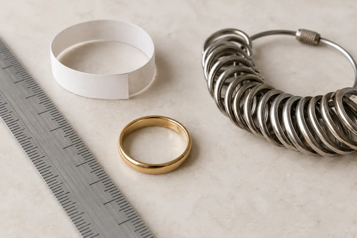 Anneau, règle graduée, bande de papier et baguier réunis pour mesurer une taille de bague à la maison