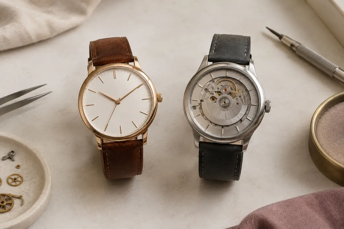 Montre à quartz et montre automatique posées côte à côte pour comparer leurs styles et leurs mécanismes.