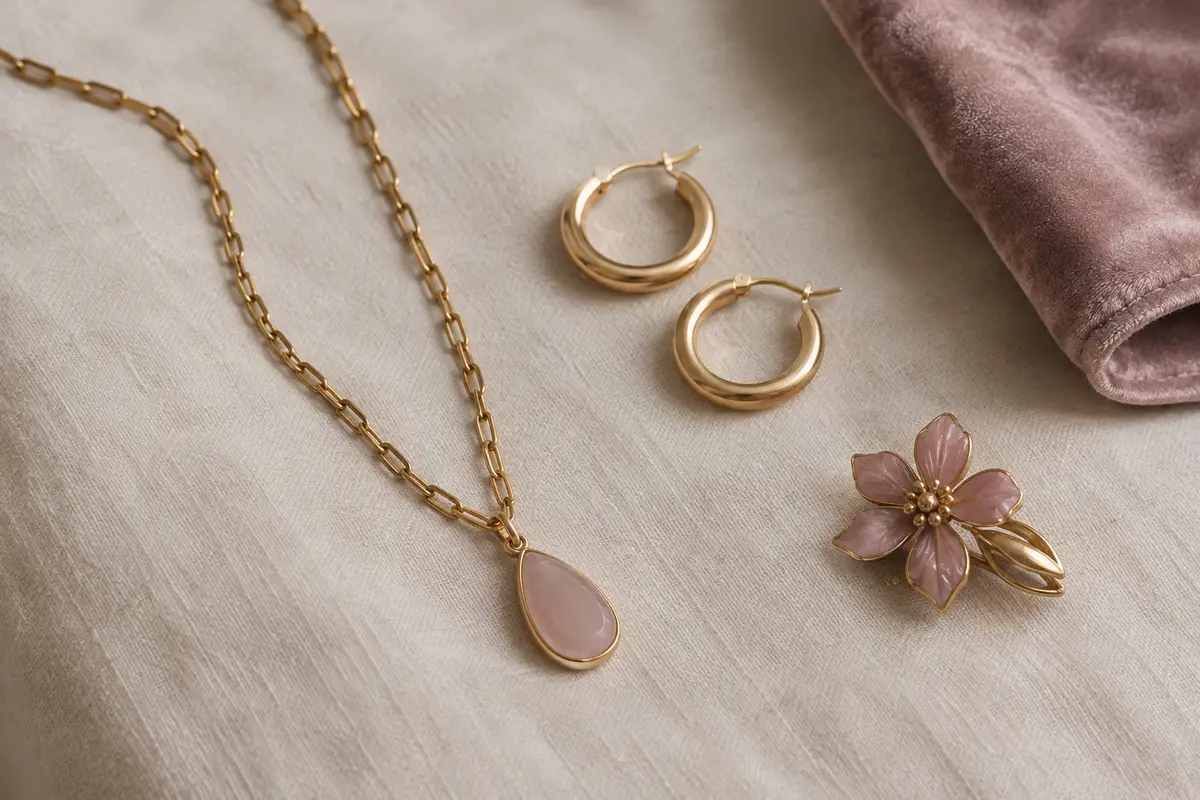 Bijoux fantaisie et chiffon doux sec disposés sur un linge pour illustrer un nettoyage prudent