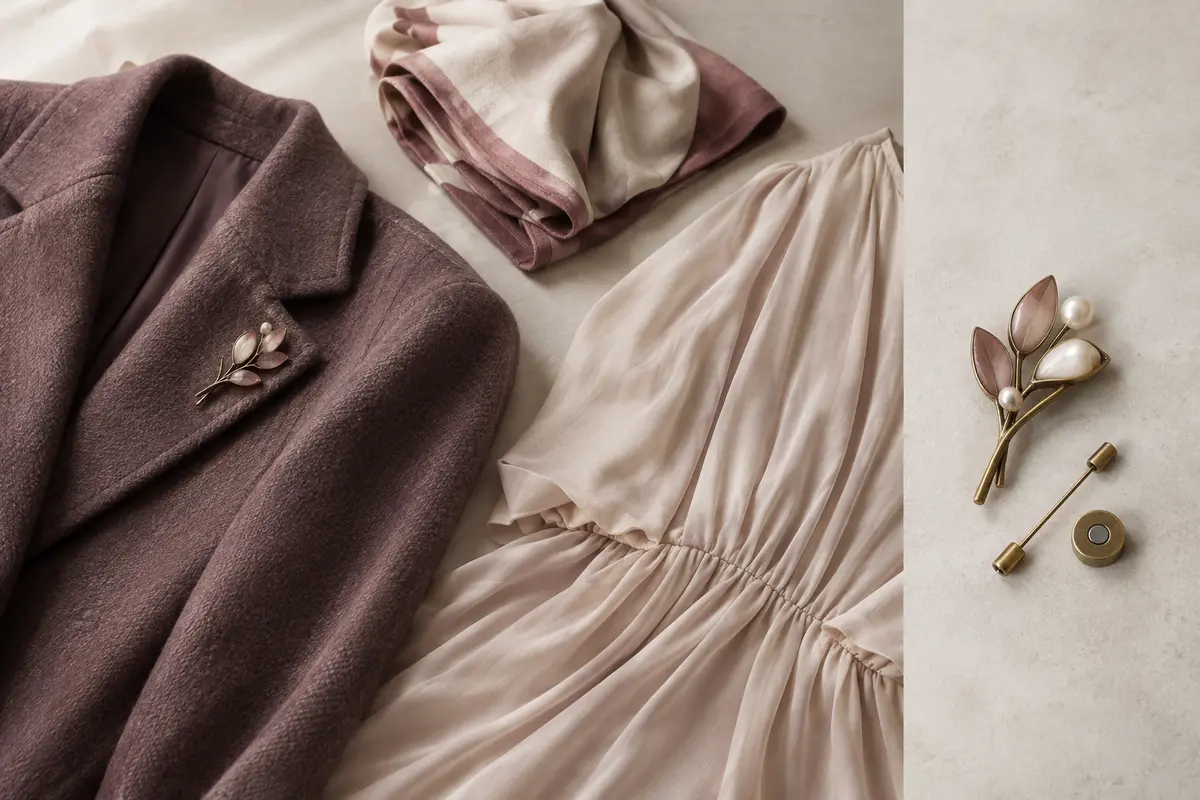 Broche fixée au revers d’une veste près d’un foulard plié et d’une robe fluide