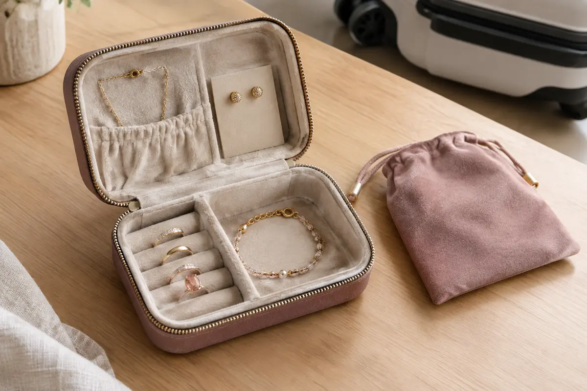 Étui de voyage compartimenté avec colliers, boucles d’oreilles, bagues et bracelet rangés séparément