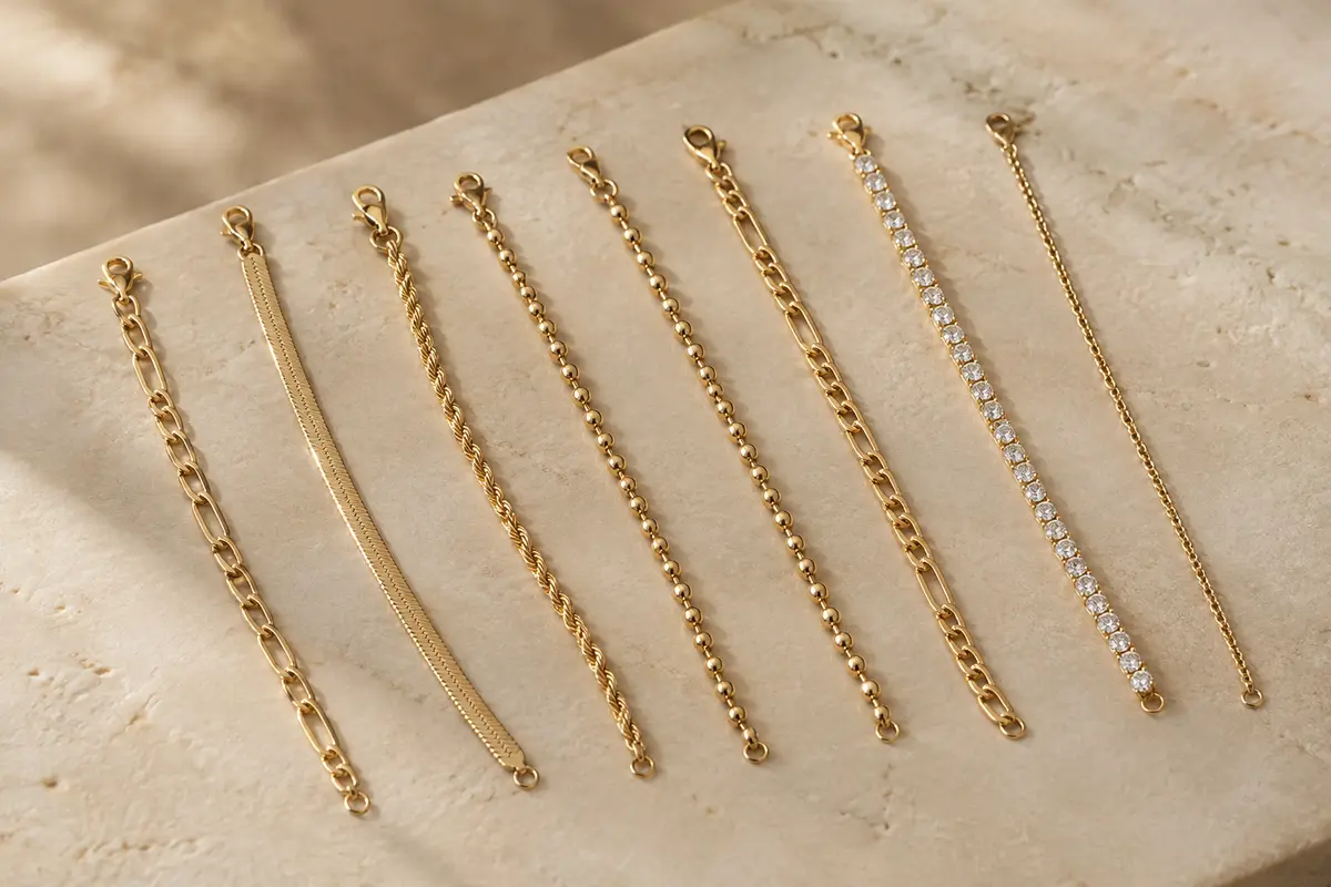 Sept bracelets chaîne Adramata aux styles variés, disposés sur une surface minérale claire