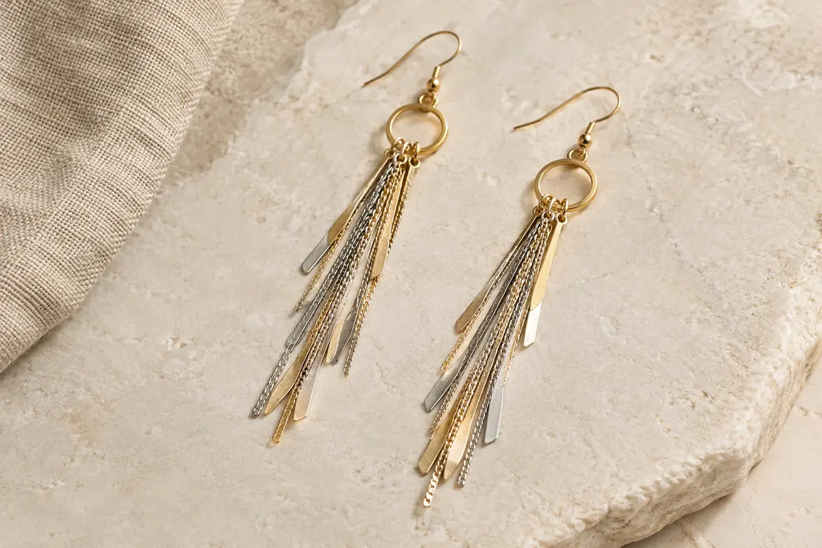 Paire de boucles pendantes à longues pampilles dans des tons doré et argenté, posée sur une surface claire.