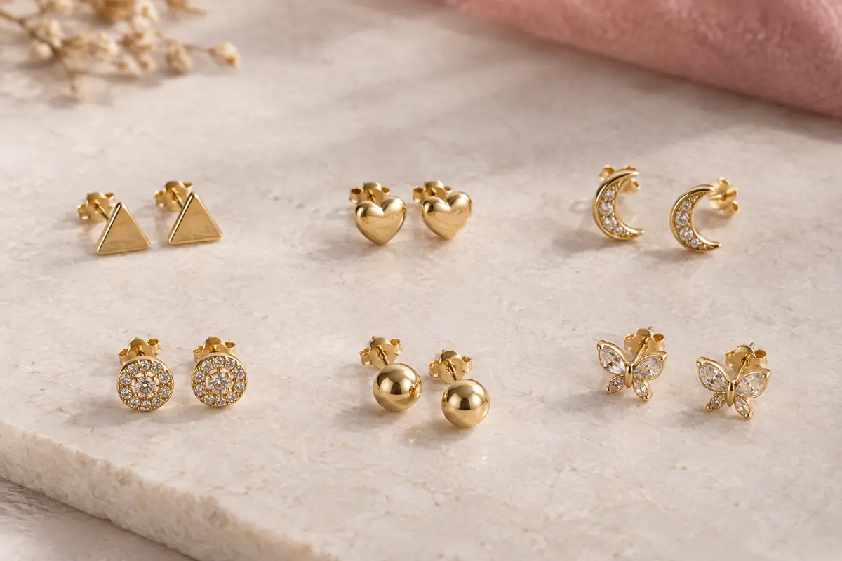 Six paires de puces d’oreilles de ton doré aux motifs variés présentées sur une surface claire