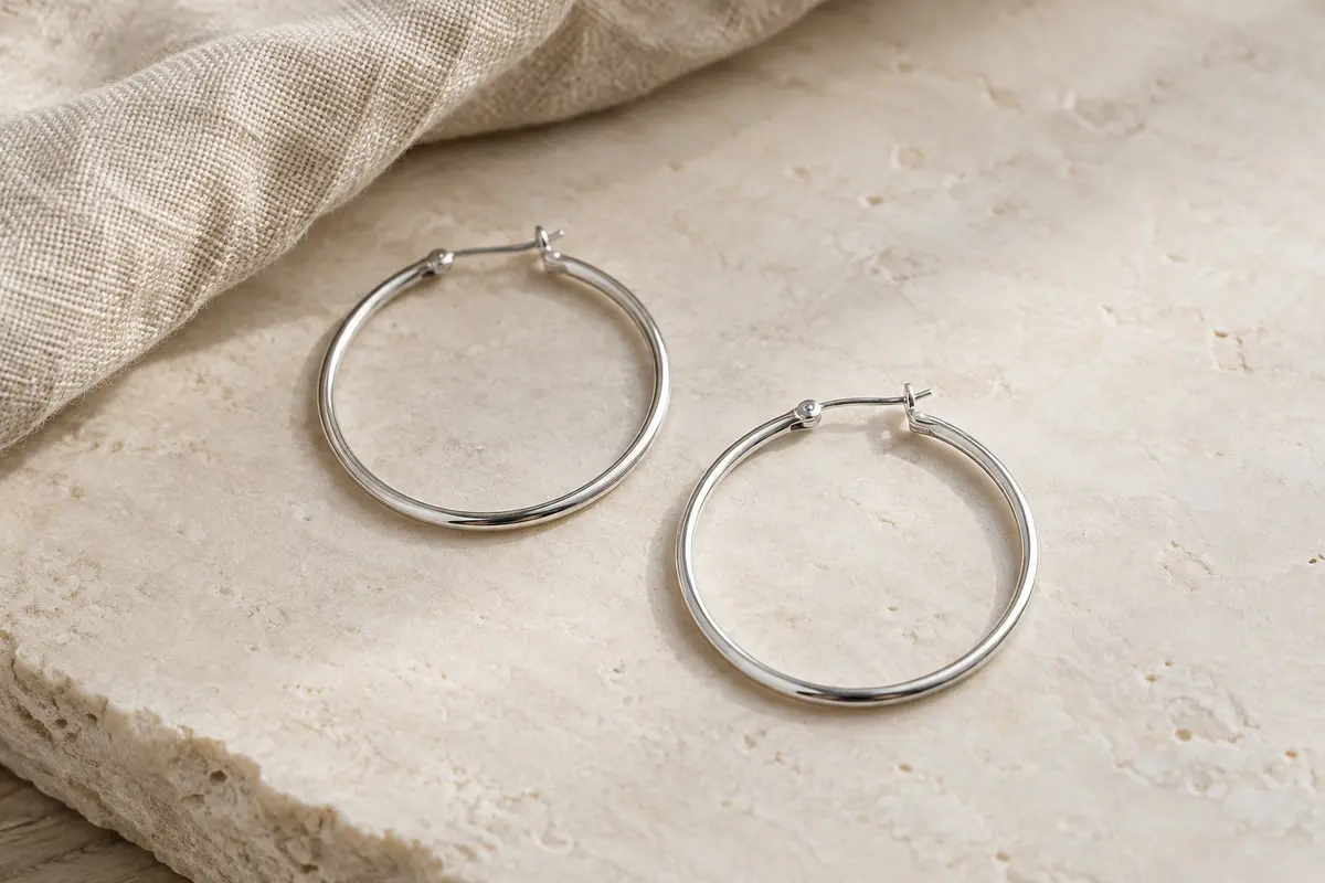 Créoles rondes fines Amberta en argent sterling 925 posées sur une surface minérale claire.