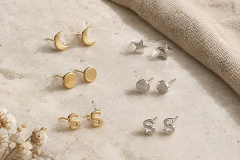 Six paires de petits clous d’oreilles aux motifs variés, dorés et argentés, disposées sur du lin clair.