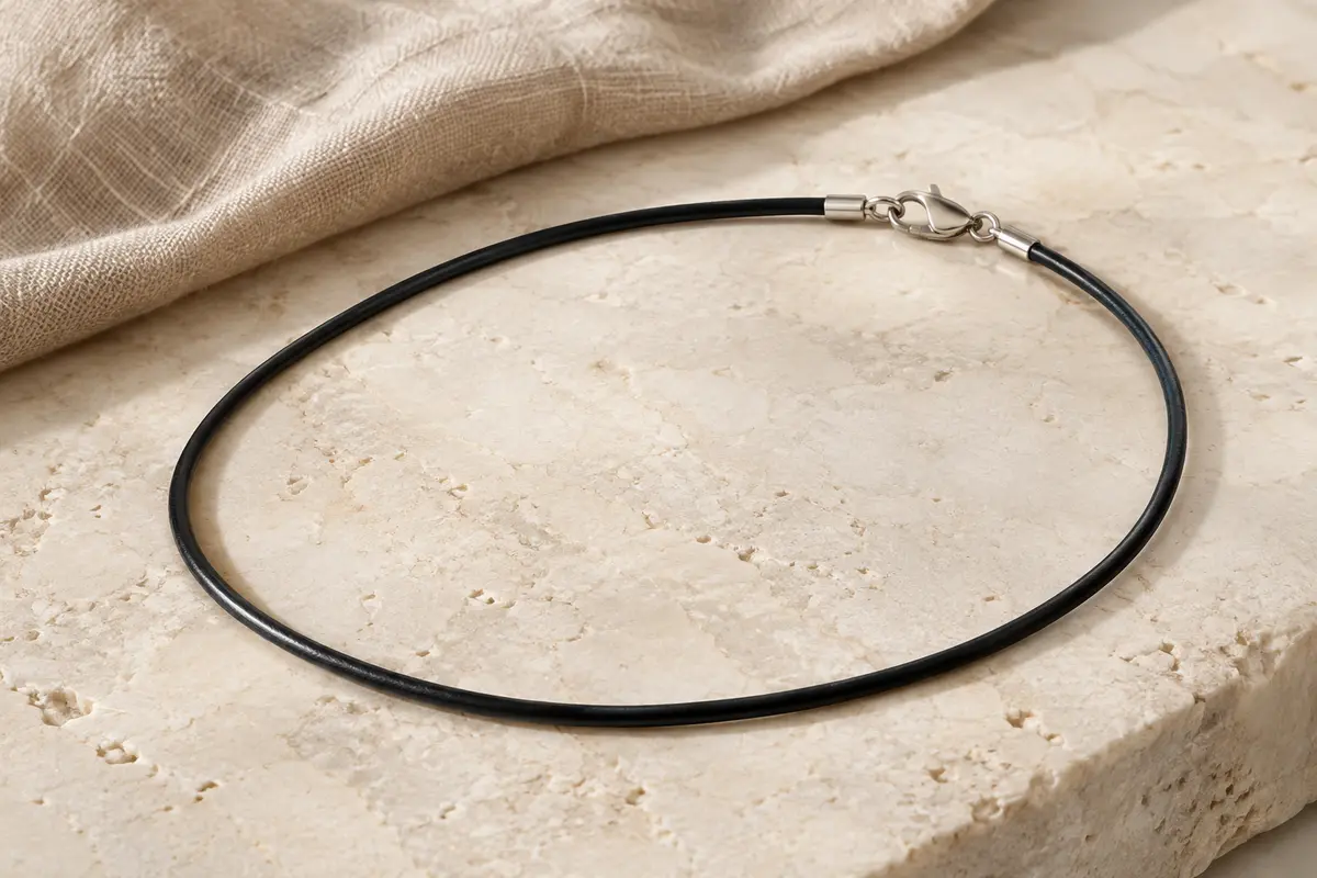 Collier en cuir noir rond de 2 mm avec fermoir mousqueton en acier inoxydable, posé sur une surface claire.