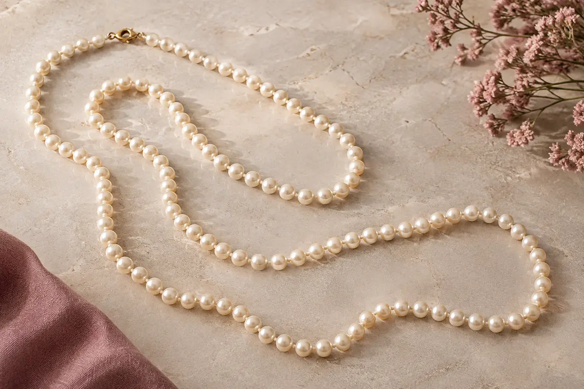 Sautoir BABEYOND de 140 cm en perles d’imitation ivoire disposé en boucles sur une surface claire.