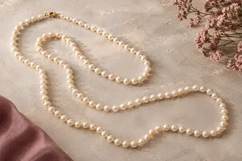 Sautoir BABEYOND de 140 cm en perles d’imitation ivoire disposé en boucles sur une surface claire.