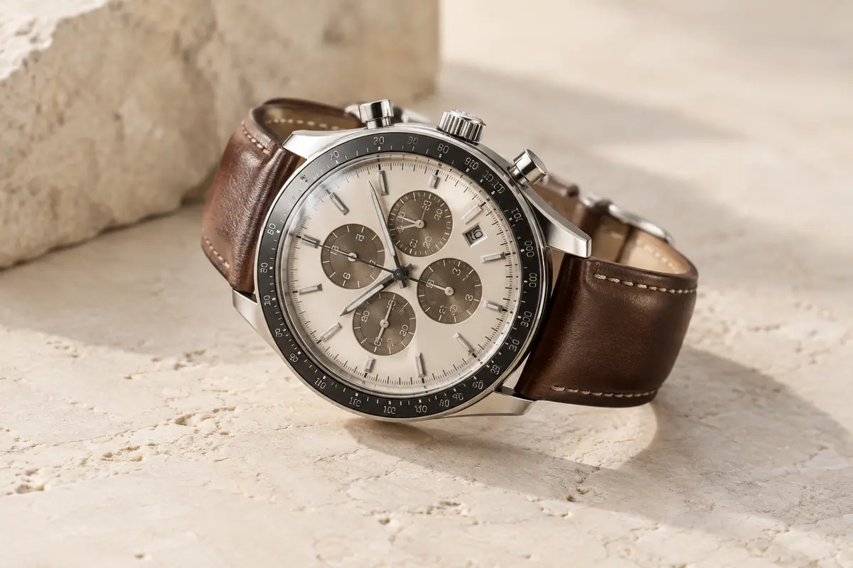 Montre BENYAR à quartz avec chronographe, date et bracelet en cuir brun posée sur une surface claire.