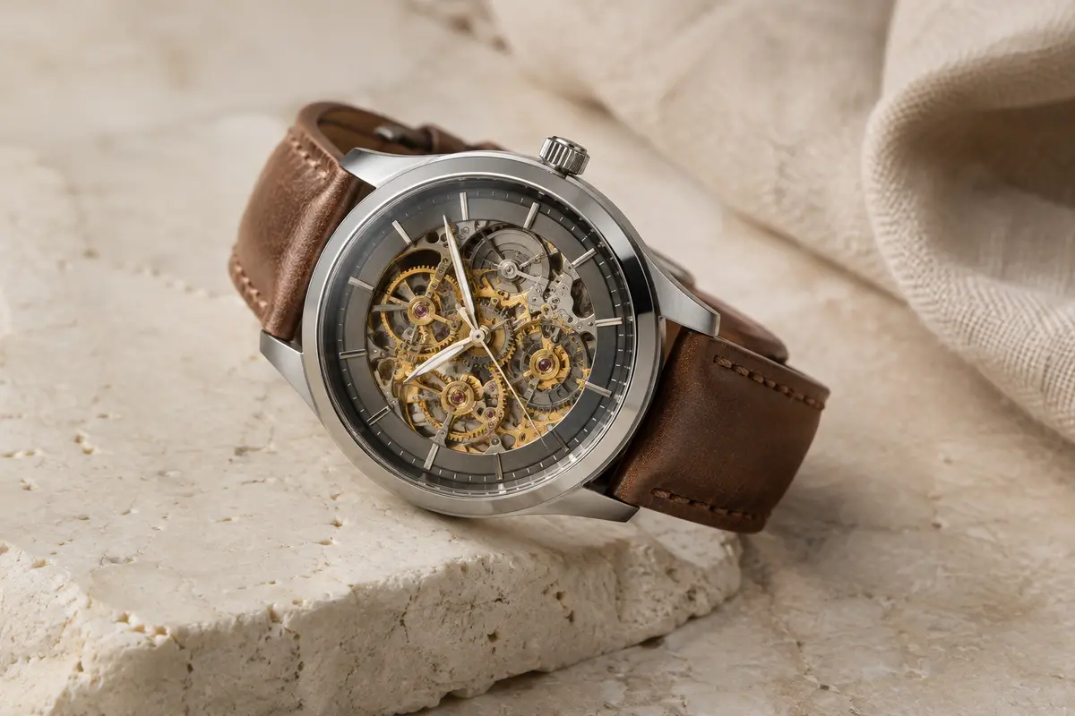 Montre BENYAR à cadran squelette gris fumé et détails dorés, avec boîtier acier et bracelet en cuir marron.