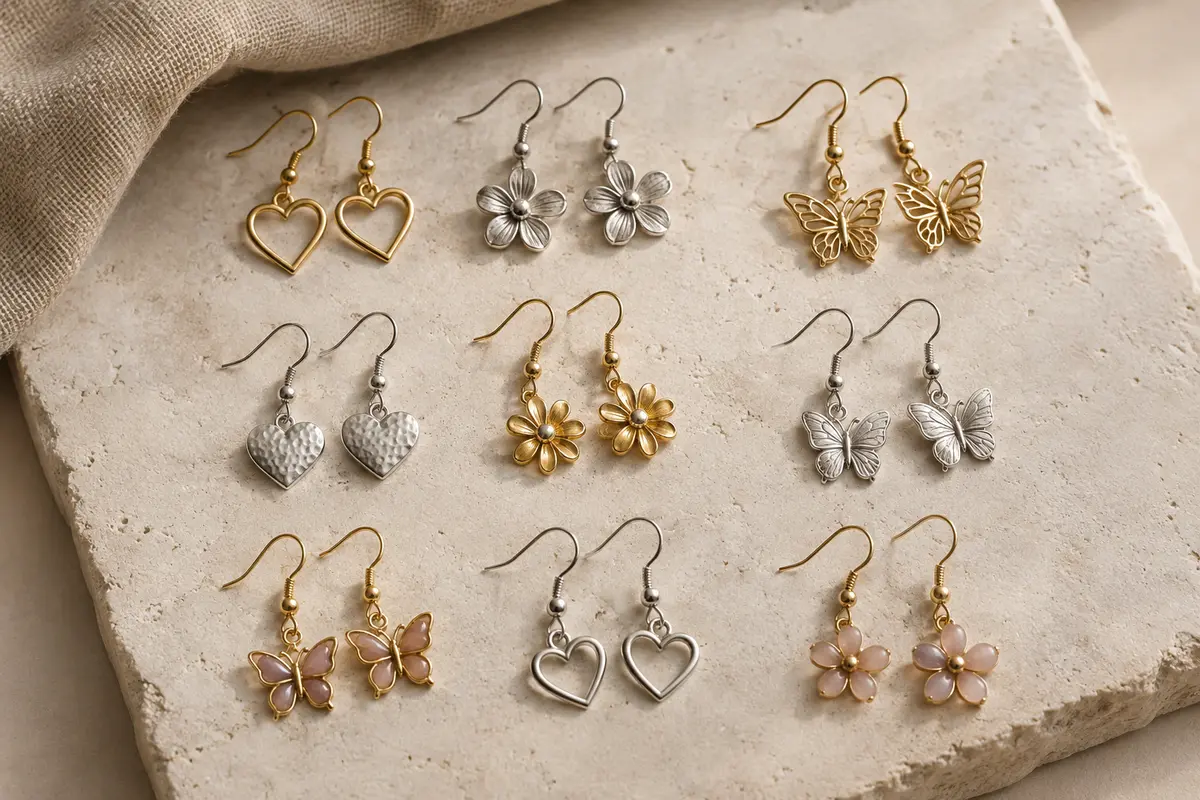 Douze paires de boucles pendantes aux motifs variés, présentées sur une surface claire et du lin.