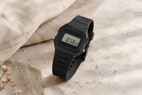 Montre numérique noire Casio F-91W à boîtier carré et bracelet en résine, posée sur une surface claire.