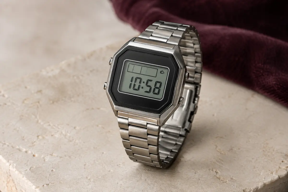 Montre numérique Casio à bracelet en acier gris et boîtier en résine, posée sur une surface claire
