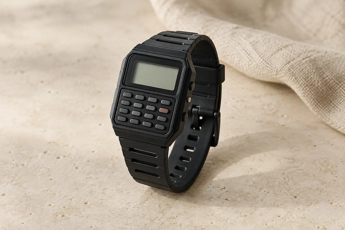 Montre numérique rétro noire à boîtier rectangulaire, écran compact, clavier de calculatrice et bracelet en résine