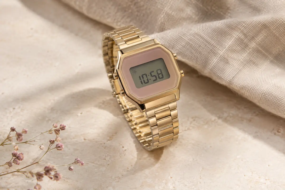 Montre numérique Casio argentée et dorée présentée seule sur une surface claire avec du lin naturel