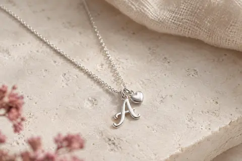 Collier en argent 925 avec pendentif initiale et petit cœur, posé sur une surface claire.