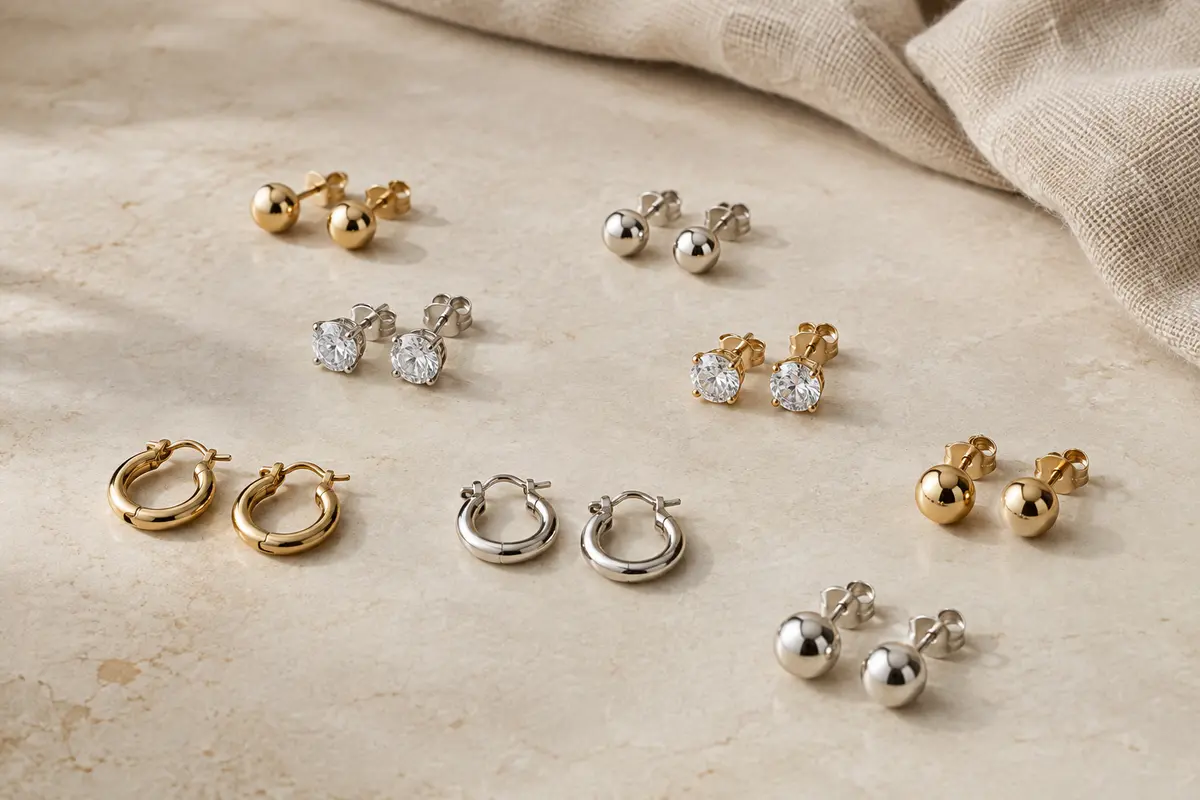 Ensemble de petits clous d’oreilles et mini créoles en acier, présenté sur une surface claire.