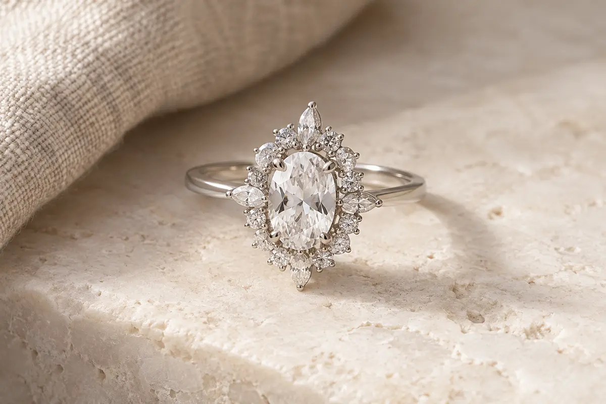 Bague de fiançailles EAMTI en argent 925, avec pierre ovale en oxyde de zirconium et halo serti
