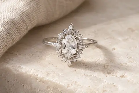 Bague de fiançailles EAMTI en argent 925, avec pierre ovale en oxyde de zirconium et halo serti